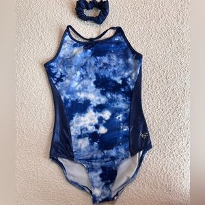 Justice Gymnastics Leotard dance Leo size 14 blue white tie dye metallic sides